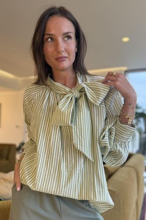 Nantucket Stripe Tie Neck Blouse Soft Olive